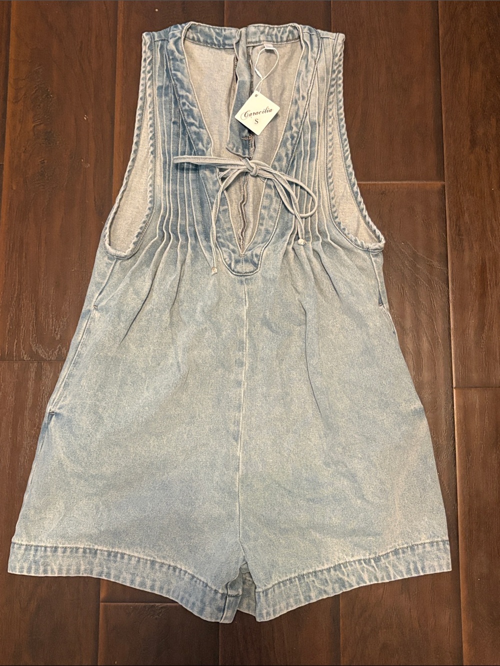 Casual Light Blue Denim Romper with Pintuck Detail